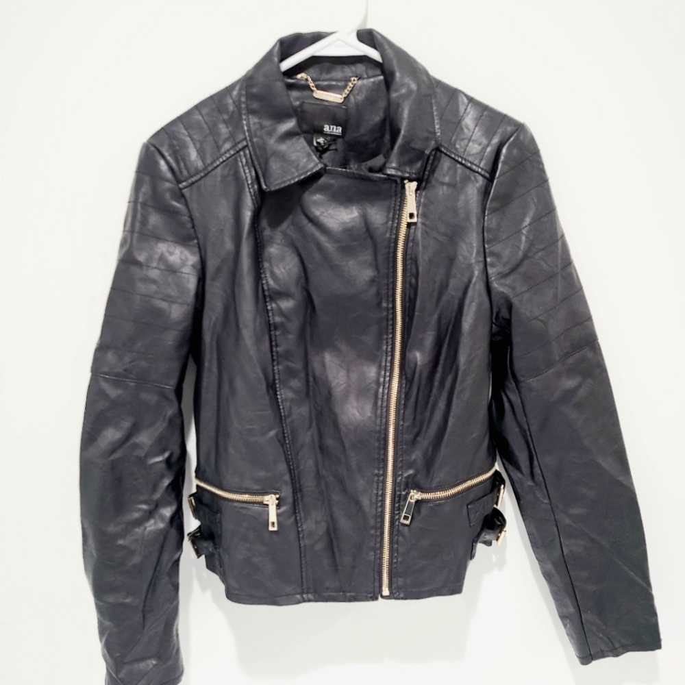 a.n.a. Womens Black Faux Leather Biker Jacket Size M